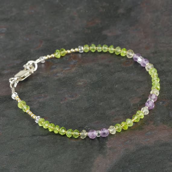 Micro Faceted Gemstone Bracelet with Genuine Peridot, Pink Amethyst, Lemon Quartz, Multicolor Bracelet, Green & Lavender, Multi Gem Bracelet 3.5mm  Code- WAR6832
