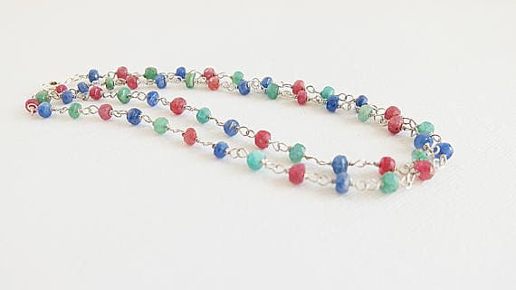 AAA++ Rare Quality Emerald, Ruby and Sapphire rosary style necklace, sky blue Sapphire,red Ruby 925 Silver Platednecklace,Red,Blue,green gemstone necklace, multi gem 3/4 mm Code- TJH162