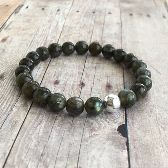 925 sterling silver Bridesmaid Jewelry 8mm Gray Labradorite Stretchable Bracelet Round, Smooth 18cm for mens, womens, gf, bf and adults.