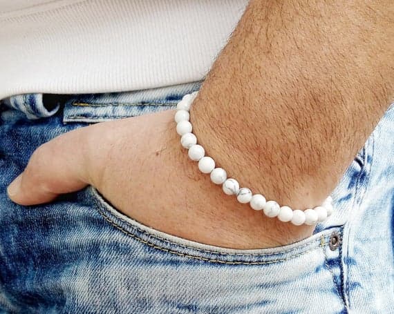 Rock Gift 6mm White HOWLITE Stretchable Bracelet Round, Smooth 18cm for mens, womens, gf, bf and adults.
