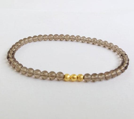 Rose Gold Positive Energy 4mm Brown Smoky Quartz Stretchable Bracelet Round, Smooth 18cm for mens, womens, gf, bf and adults.