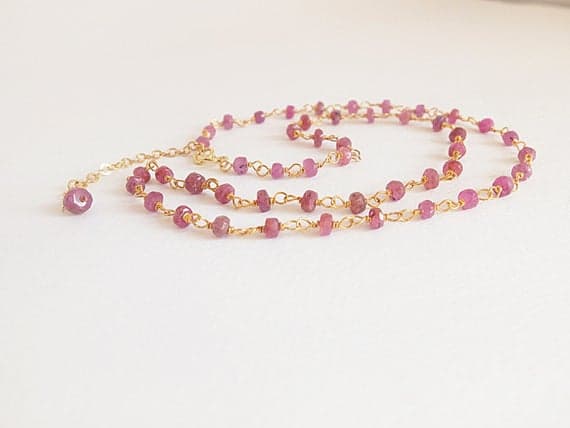 AAA++ Rare Quality Dainty, feminine Ruby handwrapped,rosary style necklace, handwrapped with Gold  filled wire,Ruby rondelles rosary style necklace,ruby jewels 3 mm Code- TJH131