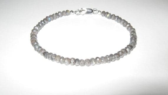 925 sterling Silver Personalized Gift 4mm stacking Gray Labradorite Bracelet Rondelle, Faceted 7" for mens, womens, gf, bf & Adult.