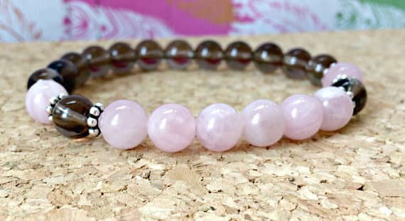 Handmade Beaded 8mm Stretchable Pink & Brown Smoky Quartz & Rose Quartz Bracelet Round, Smooth 7" for mens, womens, gf, bf & Adult.