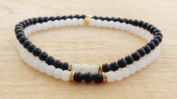 Positive Energy 4mm Multi Colour Black White Beads Stretchable Bracelet Round, Smooth 18cm for mens, womens, gf, bf and adults.