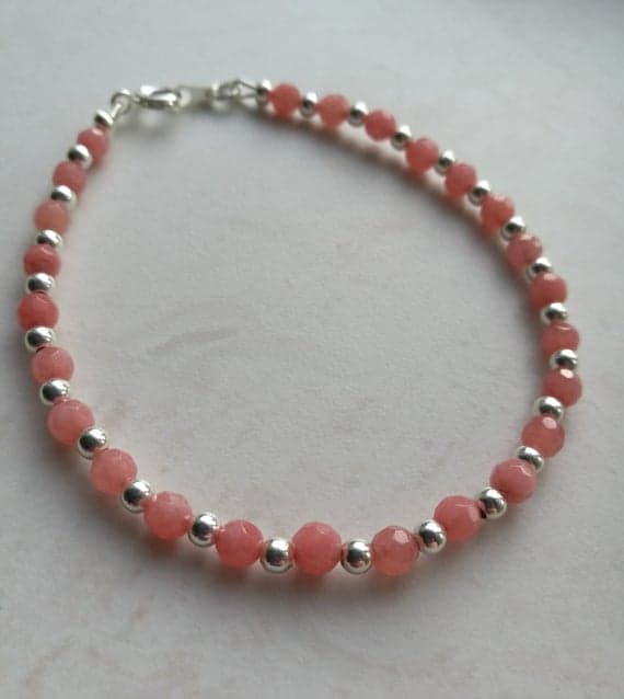 925 sterling Silver Bridesmaid Jewelry Silver Helling 3-4mm stacking Pink Strawberry Pink Quartzite Bracelet Round, Smooth 7" for mens, womens, gf, bf & Adult.