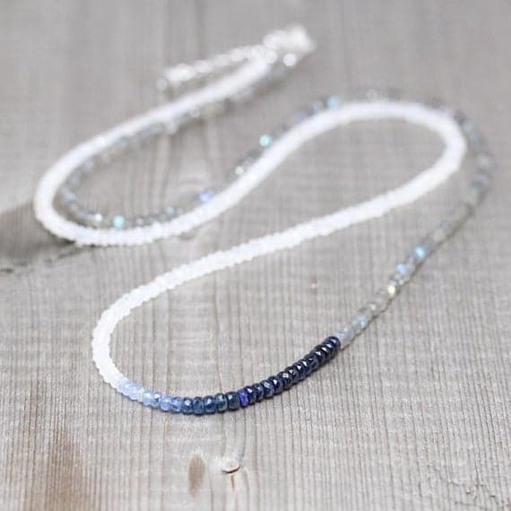 925 sterling Silver Wholesale 3.5-4mm stacking Multi Blue Sapphire, Rainbow Moonstone & Labradorite Necklace Rondelle, Faceted 16" for mens, womens, gf, bf & Adult.