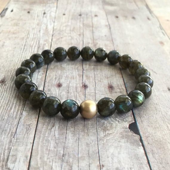 Rose Gold good luck gift 8mm Gray Labradorite Stretchable Bracelet Round, Smooth 18cm for mens, womens, gf, bf and adults.