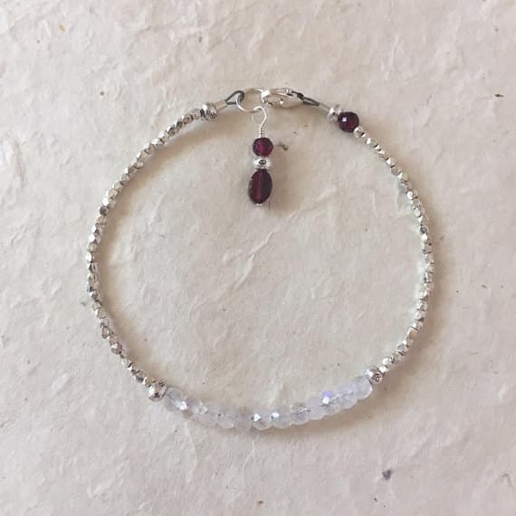Moonstone Garnet Karen Hill Tribe Thai Silver Beaded Bracelet, Sundance Style, January Birthstone 1.7 - 2 mm Code- WAR6441