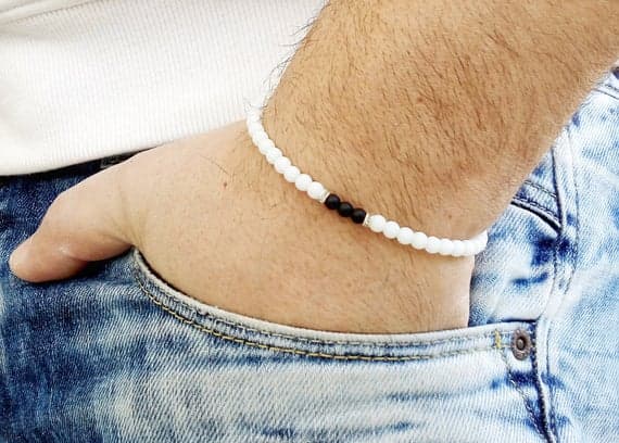 chakras simple 4mm Multi Colour Black onyx WHITE AGATE  Stretchable Bracelet Round, Smooth 18cm for mens, womens, gf, bf and adults.