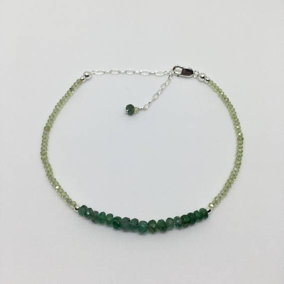 925 sterling Silver Anxiety Gemstone Silver Helling 3-3.5mm stacking Green Emerald & Peridot Bracelet Rondelle, Faceted 7" for mens, womens, gf, bf & Adult.
