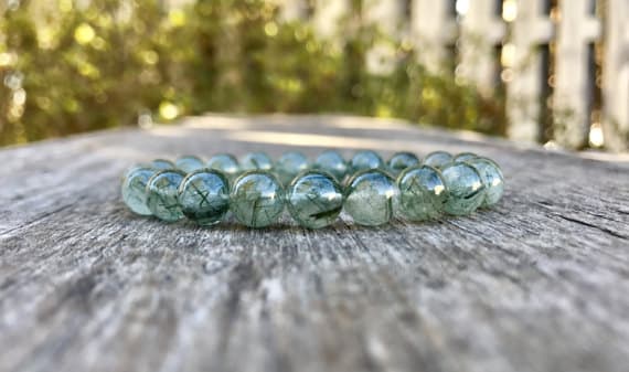 Unique Wedding Gift 8mm Stretchable Green Green Rutile Quartz Bracelet Round, Smooth 7" for mens, womens, gf, bf & Adult.