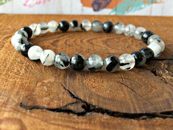 love beach youth 6mm Stretchable Black & White Rutilated Quartz  Bracelet Round, Smooth 7" for mens, womens, gf, bf & Adult.
