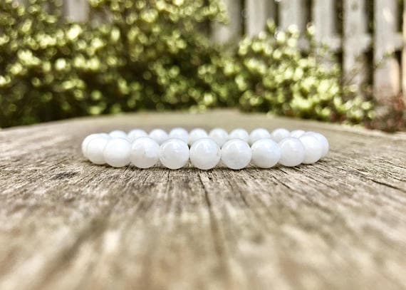 Dainty Slave Loose 7mm Stretchable White White Moonstone Bracelet Round, Smooth 7" for mens, womens, gf, bf & Adult.