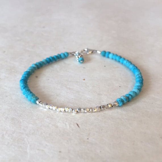 Turquoise Karen Hill Tribe Thai Silver Beaded Bracelet, Sundance Style, December Birthday, December Birthstone, Boho Chic, Layering Bracelet 3-5mm Code- WAR6390