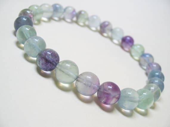 Anxiety Gemstone 8mm Stretchable Multi Rainbow Fluorite Bracelet Round, Smooth 7" for mens, womens, GF, BF, Adults.