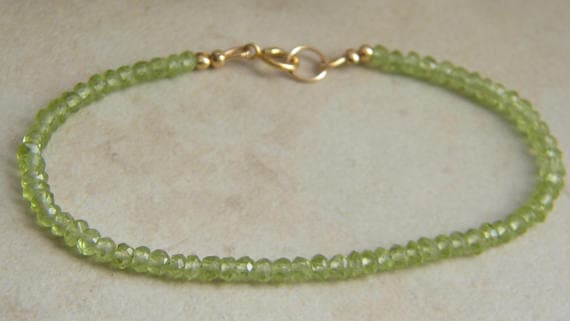24k gold Plated Super sale Gold Helling 3.5mm stacking Green Peridot Bracelet Rondelle, Faceted 7" for mens, womens, gf, bf & Adult.