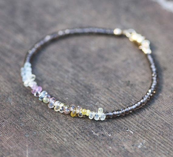 925 sterling Silver Super sale 2-3mm stacking Multi Natural Pink Plum White Sapphire and Smokey Quartz Bracelet Drop & Rondelle, Faceted 7" for mens, womens, gf, bf & Adult.