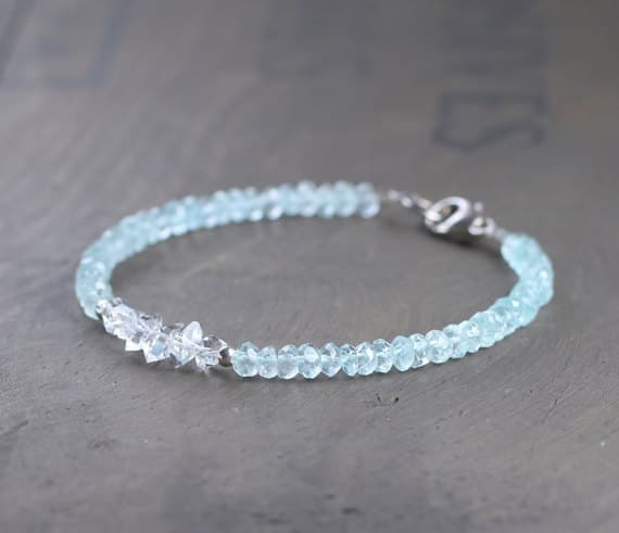 24k gold Empath Protection 3.5-4.5mm Multi Colour Herkimer Diamond & Aquamarine stacking Bracelet Rondelle, Faceted 18cm for mens, womens, gf, bf and adults.