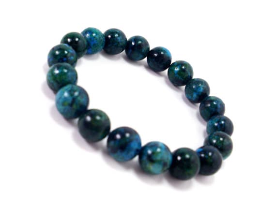 Anxiety Gemstone 10mm Stretchable Green Chrysocolla Bracelet Round, Smooth 7.5" for mens, womens.