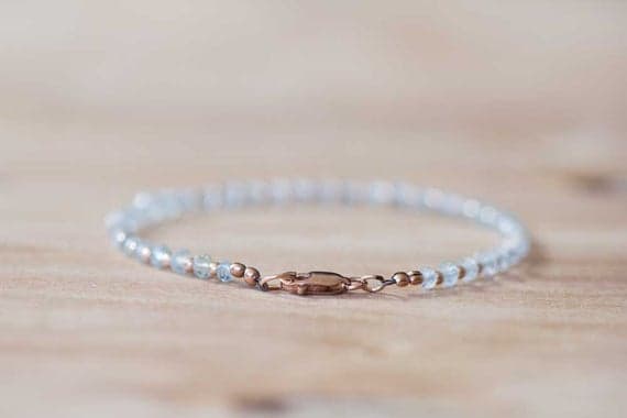 24k gold Anxiety Relief Calming 3.5mm Sky Blue Aquamarine stacking Bracelet Rondelle, Faceted 18cm for mens, womens, gf, bf and adults.