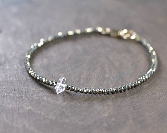 24k gold Bridesmaid Jewelry 2.5mm Multi Colour Pyrite & Herkimer Diamond stacking Bracelet Fancy, Faceted 18cm for mens, womens, gf, bf and adults.