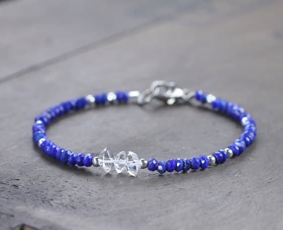 925 sterling silver Handmade Beaded 3mm Multi Colour Lapis & Herkimer Diamond stacking Bracelet Rondelle, Faceted 18cm for mens, womens, gf, bf and adults.