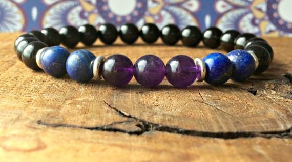 memorial gift 6mm Stretchable Multi Black Tourmaline, Lapis Lazuli & Amethyst  Bracelet Round, Smooth 7" for mens, womens, gf, bf & Adult.