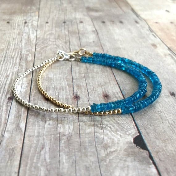 24k gold,925 stacking silver Anxiety Relief Calming 3-4mm Blue Blue Apatite  stacking Bracelet Rondelle, Smooth 18cm for mens, womens, gf, bf and adults.