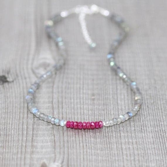 925 sterling Silver Bridesmaid Jewelry Silver Helling 3.5mm stacking Multi Longido Ruby & Labradorite Necklace Rondelle, faceted 16" for mens, womens, gf, bf & Adult.