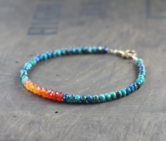 925 sterling Silver Empath Protection 3mm stacking Blue & Orange  Carnelian & Chrysocolla Bracelet Round, Faceted 7" for mens, womens.