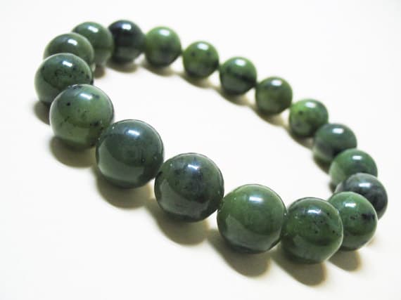Handmade Beaded 10mm Stretchable green Nephrite Jade Bracelet Round, Smooth 7.5" for mens, womens, GF, BF, Adults.