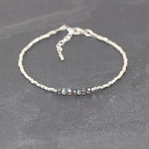 925 sterling Silver Artisan Loose 3.5mm stacking Gray Labradorite Bracelet Round, Faceted 7" for mens, womens, gf, bf & Adult.
