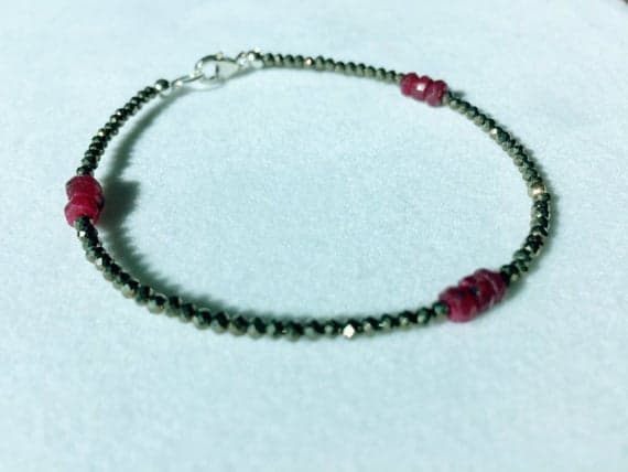 925 sterling Silver Wholesale 3-6mm stacking Red Ruby and Pyrite Bracelet Round & Rondelle, Faceted 7" for mens, womens, gf, bf & Adult.
