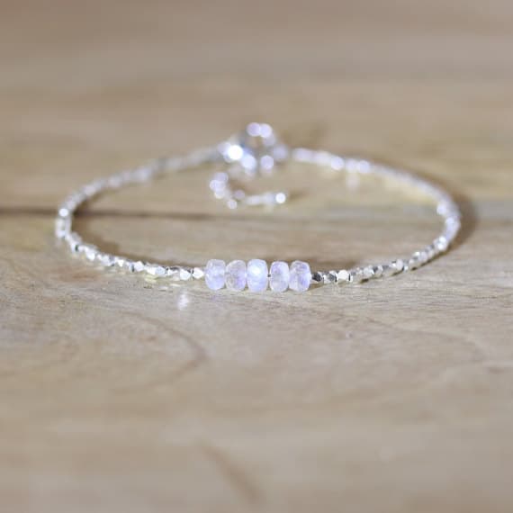 925 sterling Silver Rock Gift 3.5mm stacking White Rainbow Moonstone Bracelet Rondelle, Faceted 7" for mens, womens, gf, bf & Adult.