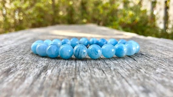 Anxiety Relief Calming 8mm Stretchable Blue Aquamarine Bracelet Round, Smooth 7" for mens, womens, gf, bf & Adult.