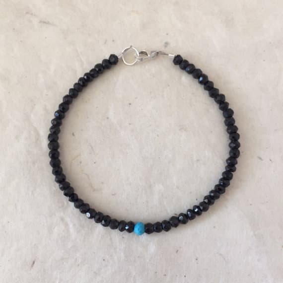 Black Spinel Single Turquoise Sterling Silver Bracelet, Sundance Style, Boho Bracelet, Layering Bracelet, Stacking Bracelet, Birthday Gifts 3-4mm Code- WAR6386
