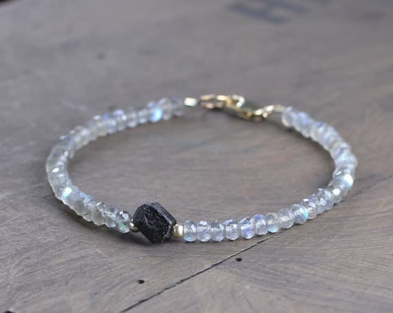 925 sterling silver Positive Energy 3.5mm Multi Colour Labradorite & Black Tourmaline  stacking Bracelet Rondelle, Faceted 18cm for mens, womens, gf, bf and adults.