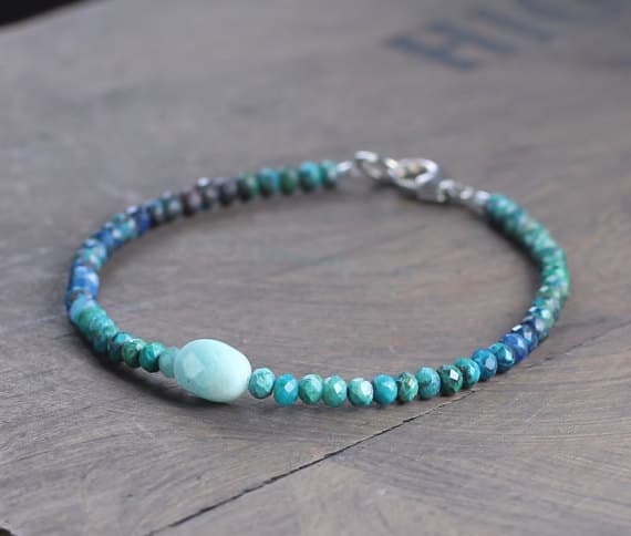 925 sterling silver Positive Energy 7-8mm Multi Colour Chrysocolla & Amazonite  stacking Bracelet Oval,Round, Faceted 18cm for mens, womens, gf, bf and adults.