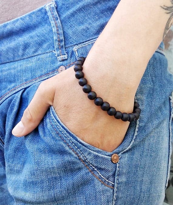 Anniversary Gift 8mm Black BLACK onyx MAT  Stretchable Bracelet Round, Smooth 18cm for mens, womens, gf, bf and adults.