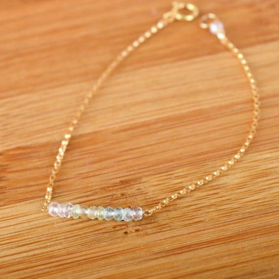 24k gold Anniversary Gift 3mm Aqua Aquamarine stacking Bracelet Rondelle, Faceted 18cm for mens, womens, gf, bf and adults.