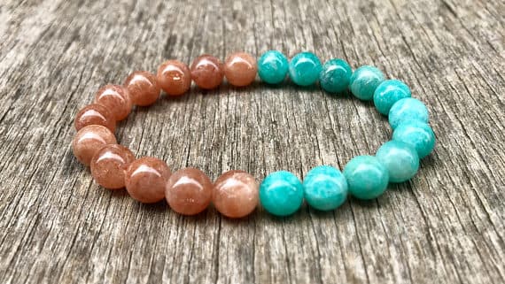 good luck gift 8mm Stretchable Blue & Orange Amazonite and Brazilian Golden Sunstone Bracelet Round, Smooth 7" for mens, womens, gf, bf & Adult.