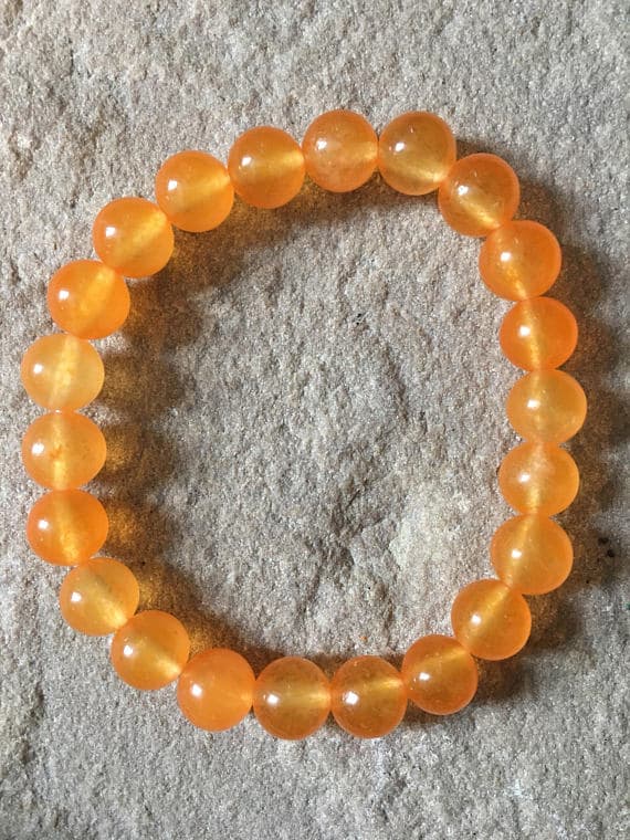 love beach youth 8mm Orange South American orange Jade  Stretchable Bracelet Round, Smooth 18cm for mens, womens, gf, bf and adults.