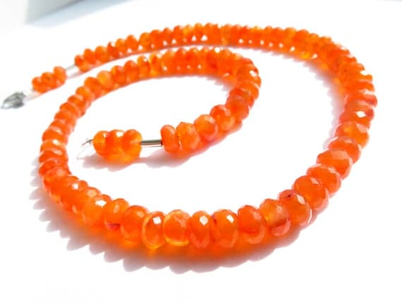 925 sterling Silver Rock Gift 7mm stacking Orange Carnelian Necklace Rondelle, Faceted 17" for mens, womens.
