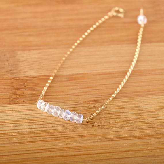 24k gold good luck gift 3.5mm White Rainbow Moonstone  stacking Bracelet Rondelle, Faceted 18cm for mens, womens, gf, bf and adults.