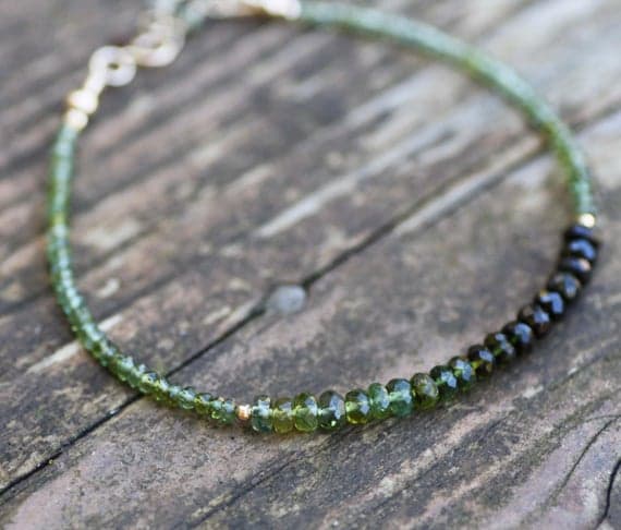 24k gold Plated Jewelry Energy Gold Helling 2.5-4mm stacking Green Green Tourmaline  Bracelet Rondelle, Faceted 7" for mens, womens, gf, bf & Adult.