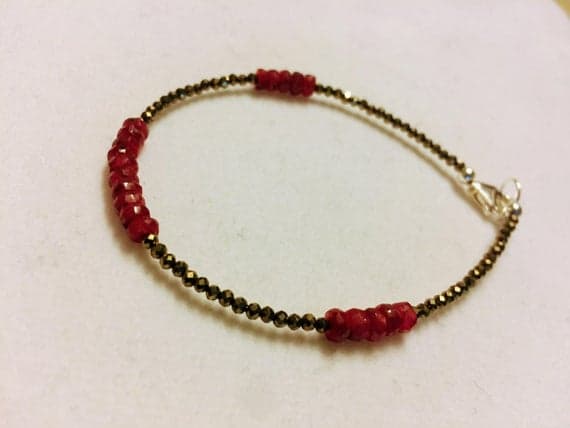 925 sterling Silver good luck gift 3-8mm stacking Red Ruby and Pyrite Bracelet Rondelle, Faceted 7" for mens, womens, gf, bf & Adult.