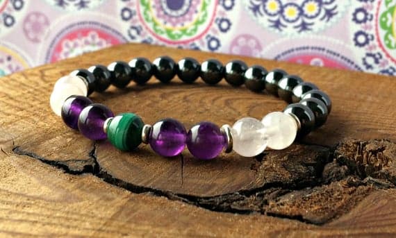 memorial gift 8mm Stretchable Multi Hematite, Rose Quartz, Amethyst and Malachite Bracelet Round, Smooth 7" for mens, womens, gf, bf & Adult.