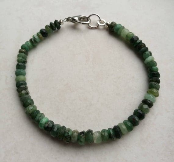 925 sterling Silver Unique Wedding Gift 4mm stacking Green Emerald, emerald Bracelet Rondelle, Faceted 7" for mens, womens, gf, bf & Adult.