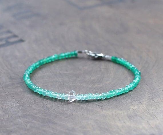 925 sterling silver Blush Jewelry 2.5mm Green Green Onyx & Herkimer Diamond  stacking Bracelet Rondelle, Faceted 18cm for mens, womens, gf, bf and adults.